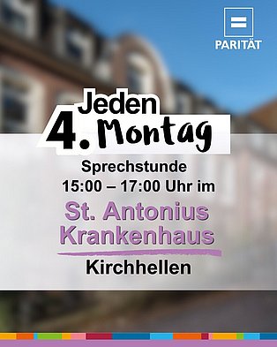 Bild des Krankenhauses mit Hinweis: Jeden 4. Montag im Monat Sprechstunde 15 - 17 Uhr im St. Antonius Krankenhaus Kirchhellen