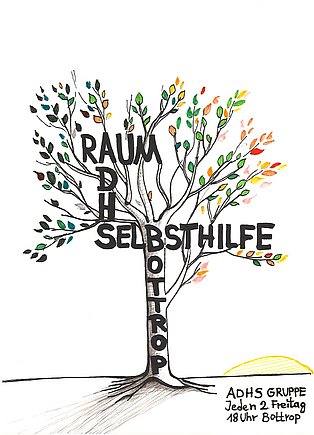 Wir sehen einen Baum –verwurzelt, gewachsen, voller Struktur und doch frei. Die Wörter „Raum“, „ADHS“, „Selbsthilfe“, „Bottrop"
