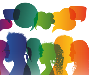 Bunte Profile von Menschen in Regenbogenfarben mit Sprechblasen