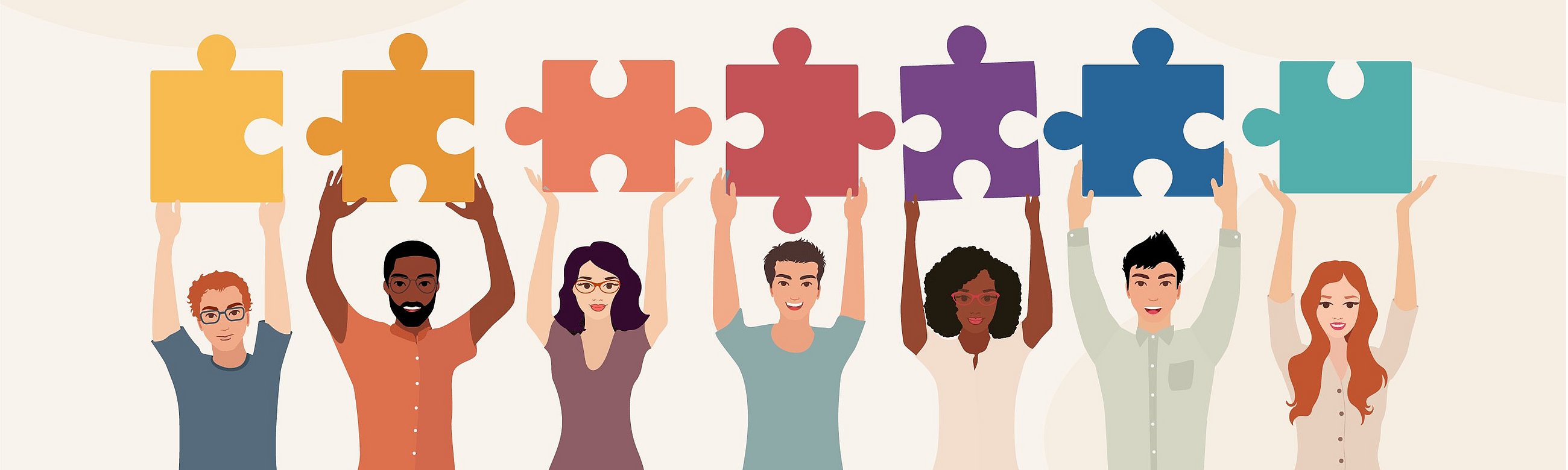Illustration verschiedener Menschen, die Puzzleteile in die Luft halten